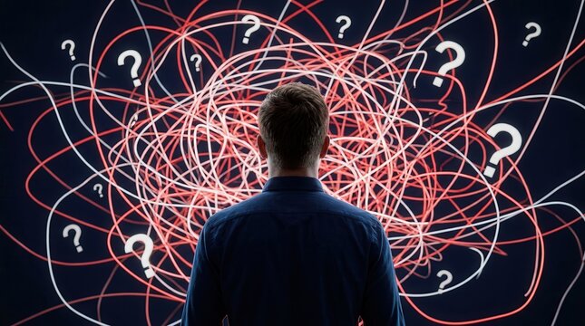 An anonymous businessman facing a dark background of tangled red and white lines and question marks.