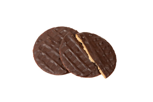 Black chocolate coated digestive biscuit isolated no background cutout