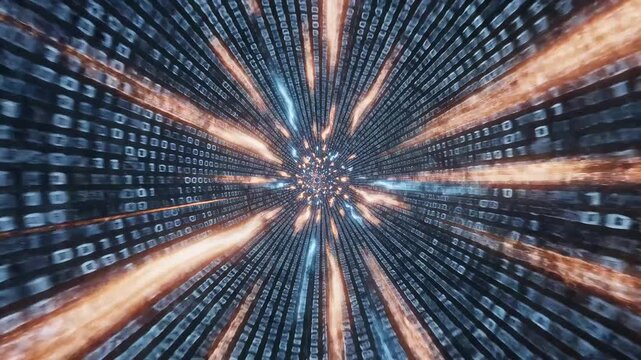 Digital data tunnel with binary code for commercial backgrounds, digital design, and advertising