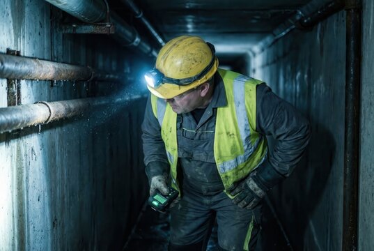 Construction worker inspecting pipes in dimly lit tunnel