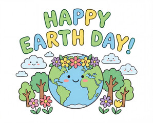 Fototapeta premium Happy Earth Day Cute Cartoon Illustration with Smiling Planet, Flowers and Trees, Kids Eco Friendly Design. 