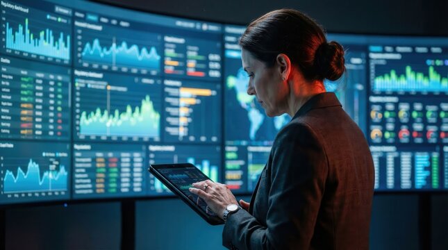 Businesswoman analyzing data on tablet in control room with screens