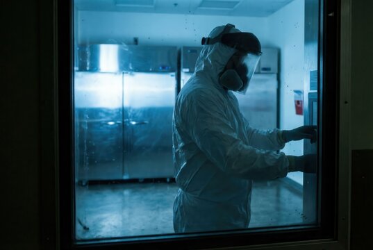 Person in protective suit and face shield using control panel in laboratory
