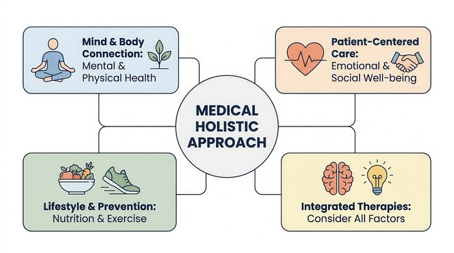 Medical holistic approach infographic diagram illustrating integrative patient centered care.