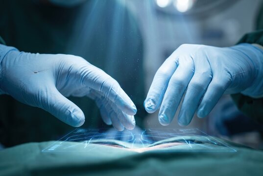 Gloved hands manipulating holographic medical interface over patient