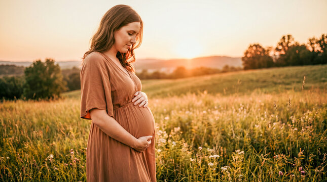 Madre embarazada tocando su vientre en un entorno natural, luz suave al atardecer, estilo emocional realista