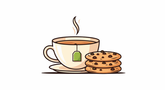 A cup of tea with a stack of chocolate chip cookies
