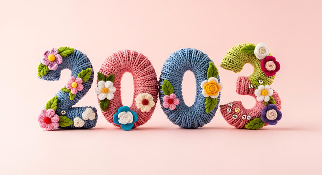 Crocheted numbers 2003 in vibrant yarn with floral embellishments, ideal for baby showers, birthdays, or year-themed events.