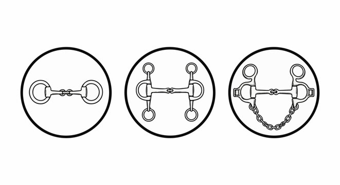 Three horse bits shown in outline within circles, varying complexity