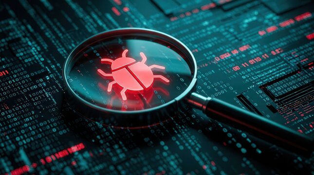 Magnifying glass focusing on a red stylized bug icon over digital binary code for cybersecurity awareness.