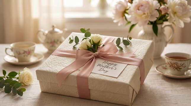 Regalo envuelto con flores y tarjeta &ldquo;Feliz D&iacute;a de la Madre&rdquo;, fondo elegante, iluminaci&oacute;n suave