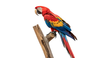 A parrot with bright colors is perched on a wooden branch. I isolated on transparent background cut out © 1png-stock