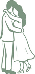 Naklejka premium Simple line art illustration of a loving couple embracing tenderly, with the woman in a dress and heels and the man in a suit, depicting a romantic moment.