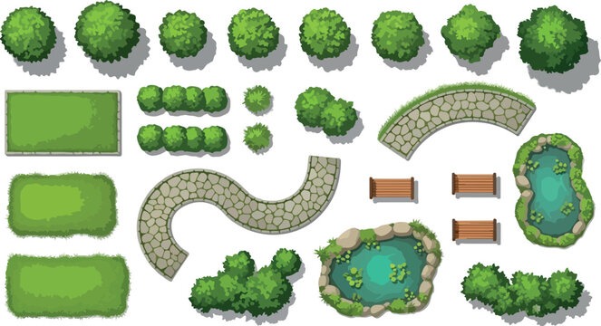 Landscape design elements top view, garden map creator with green trees and bushes, stone paths and pond vector set for park planning isolated PNG with Transparent Background