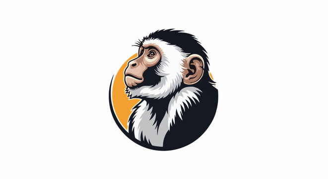 A stylized monkey head with white and black fur, looking left