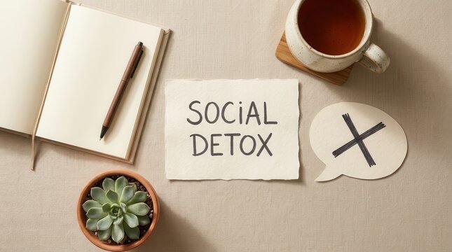 Social detox concept with a handwritten note and crossed-out speech bubble on a desk.