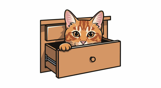 Adorable orange tabby cat peeking out of an open wooden drawer