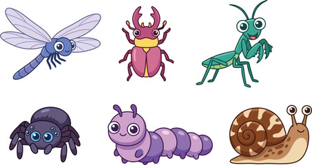 Six cute cartoon insects and garden creatures including a dragonfly a stag beetle and a snail © designNex