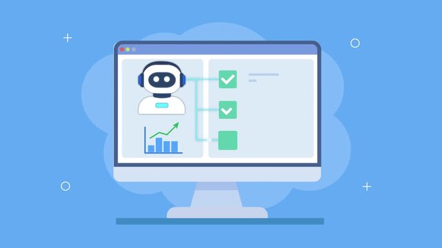 Animated cloud dashboard with robot assistant, checklist, and analytics chart showing automated workflow, data monitoring, and secure digital system management.