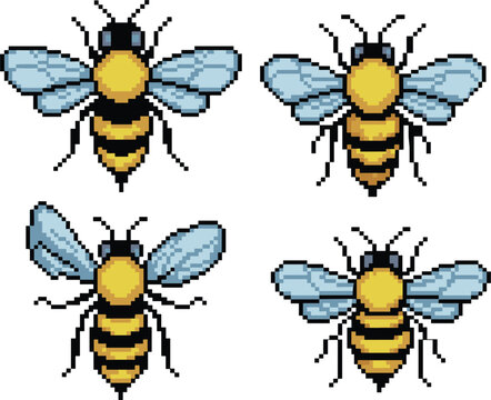 Pixel bee insect set, retro 8bit flying bugs collection, cute nature vector illustration for game assets