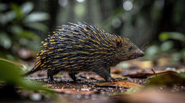 Lowland Streaked Tenrec Low Angle Rainforest Wildlife Telephoto Shot Natural Frame Copy Space