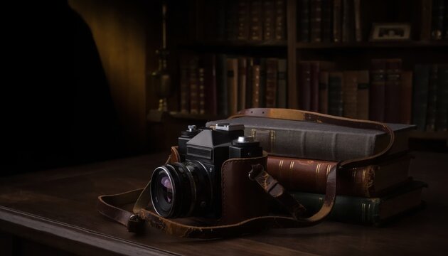 Vintage film camera with leather case rests beside old books on a wooden table, evoking a sense of timeless photography and knowledge.