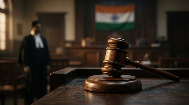 Wooden gavel and Indian flag in a courtroom representing the Indian justice system.