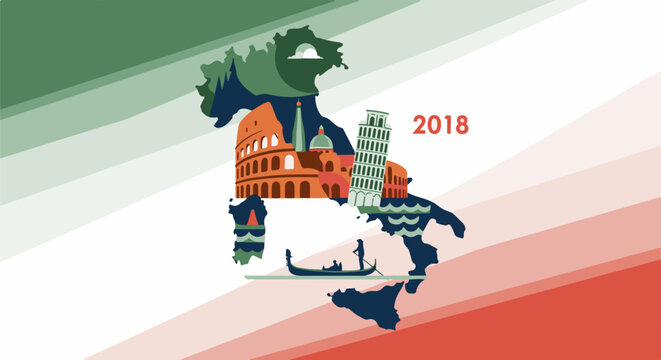 Stylized map of Italy with famous landmarks, a gondola, and year 2018