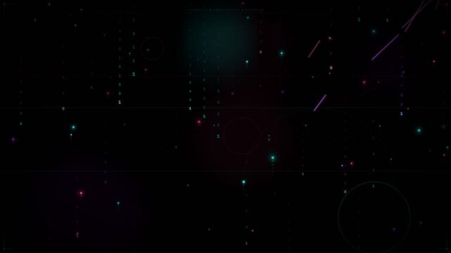 Cyber Data Flow Binary digits and glowing particles rising upward on black background, digital data flow, abstract technology and cyberspace motion graphic overlay