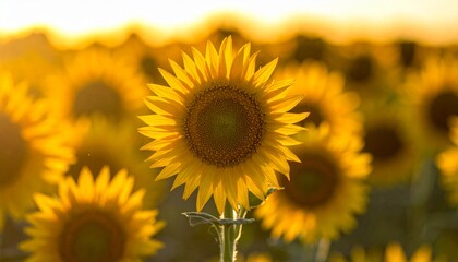 Obraz premium A vibrant field of blooming yellow sunflowers grows under a bright blue summer sky, showcasing the beauty of nature and agriculture in this colorful garden landscape