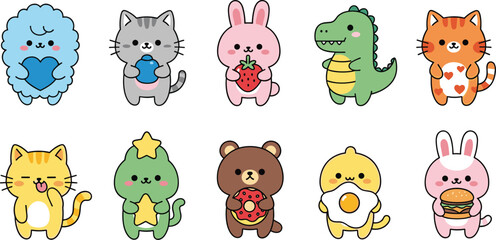 Cute Cartoon Animals Set with Kawaii Style, Adorable Characters Including Cat, Bunny, Dinosaur, Bear, and More © MdSaddam