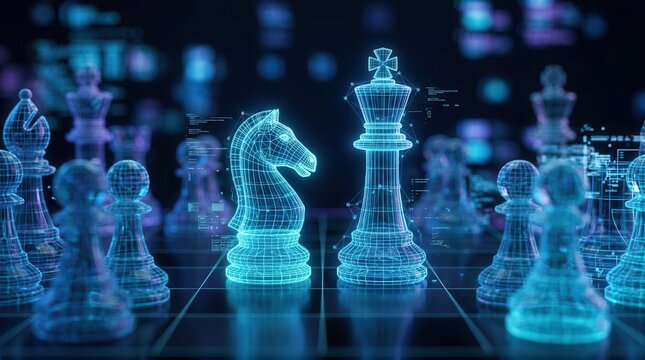 Digitally rendered chess pieces with intricate wireframe designs for strategic planning concepts.