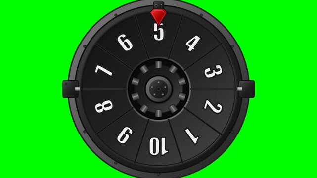 Spinning wheel of fortune with numbers 1 to 10 on green screen chroma key. Animation of a casino game wheel rotating for gambling prize winning and lu