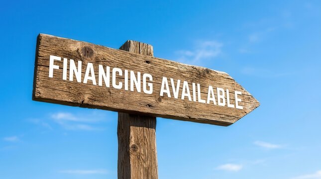 Outdoor wooden signpost with financing available text for business credit lending and consumer loans.