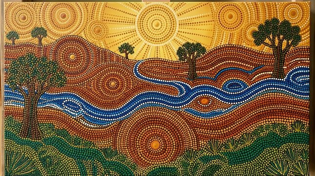 Abstract Modern Aboriginal dot painting featuring a dreamtime landscape.