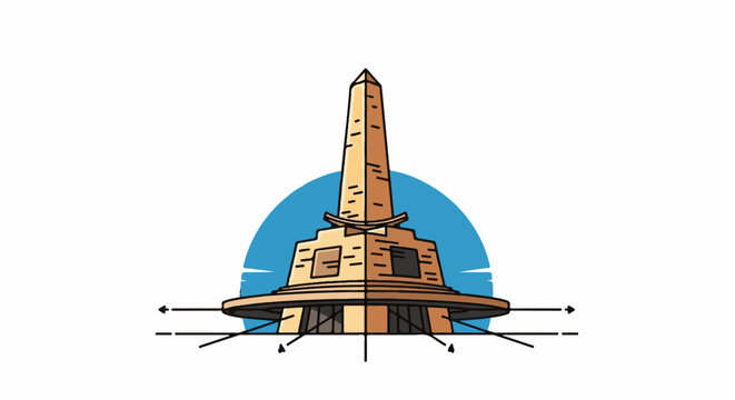 Stylized obelisk monument with tiered base against a blue half-circle