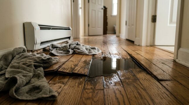Water damage restoration and hardwood flooring repair assessment in a residential property.