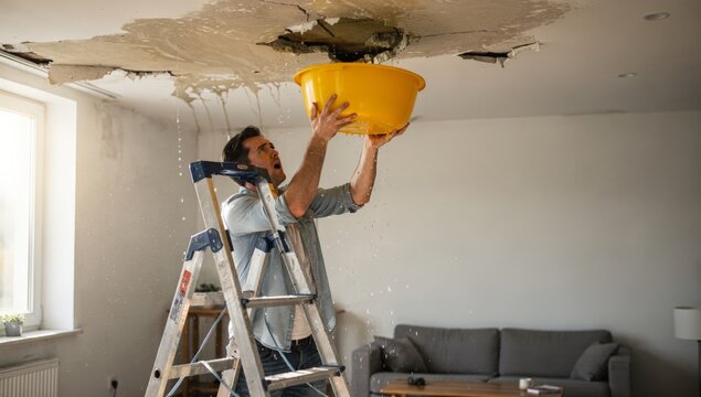 A man on a ladder is holding a yellow bucket to catch water leaking from a damaged ceiling in a living room with a couch and window, illustrating a home repair situation.