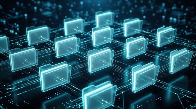 Abstract data structure with connected digital folders on a dark surface representing database management.