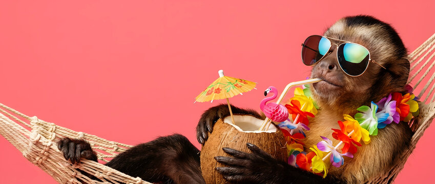 Funny capuchin monkey in sunglasses and flower lei relaxing in hammock with coconut cocktail and copy space
