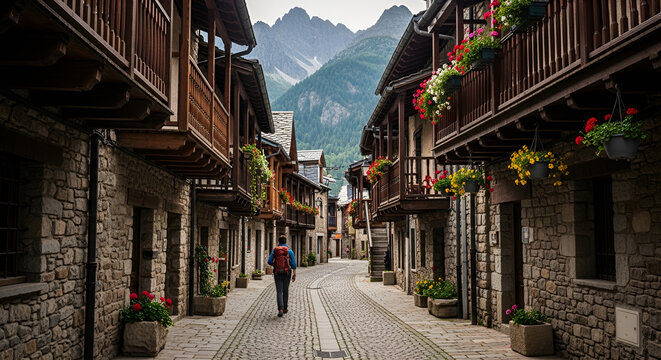 Traveler Walking Through the Scenic Stone Streets of Benasque