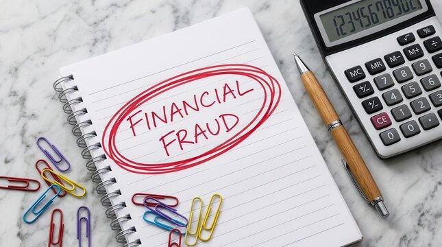 Concept of financial fraud awareness and monetary crime detection on a notebook.