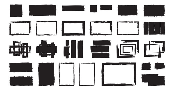 grunge frame and border set, rough hand drawn rectangles and abstract shapes, brush ink style vector collection on transparent background
