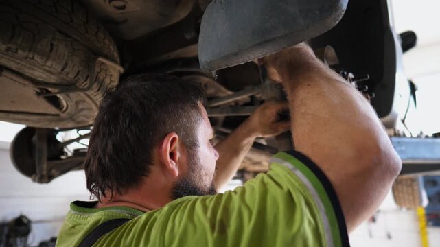 Adult male repairer works underneath lifting vehicle at workshop. Professional bearded auto mechanic in uniform repairs detail of car using screwdriver tool at garage. Automobile maintenance concept