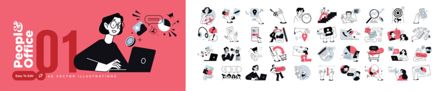 People and office. Vector illustrations of people in various business and management activities. Concepts for graphic and web design, social media, business and marketing material.