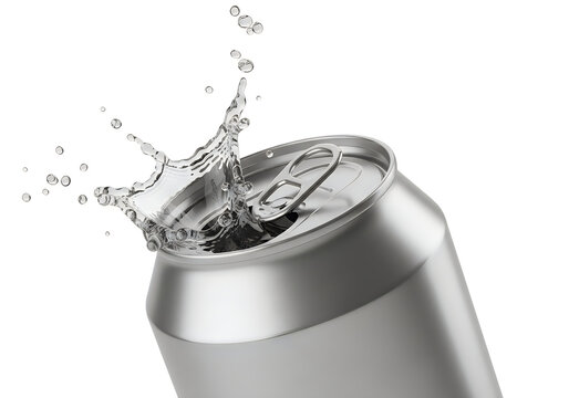 A can with refreshing water splashing out from its opening in mid-air