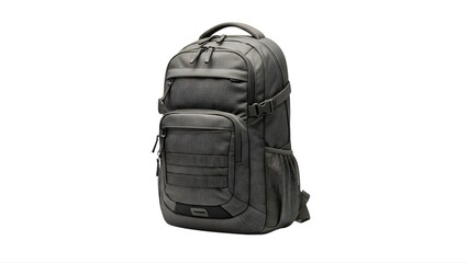 Naklejka premium A rugged gray backpack with multiple pockets and compartments on a white background