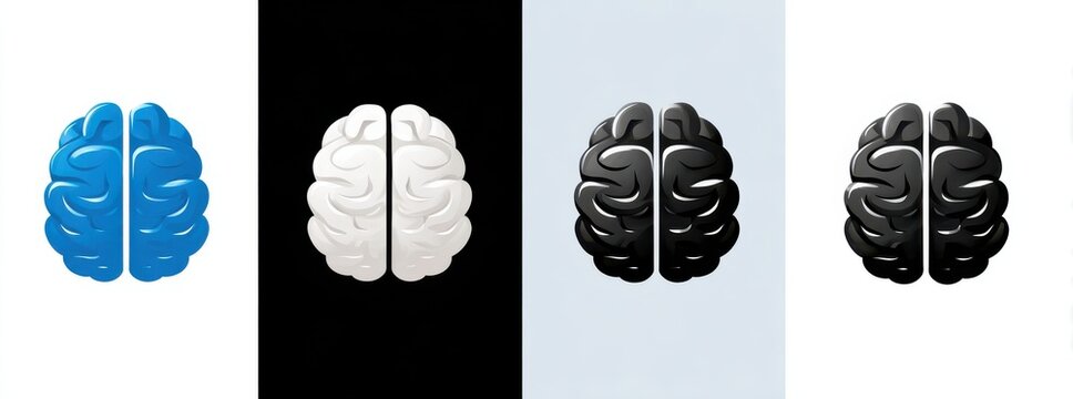 Four simple vector AI brain logos in blue, white and black for technology and design branding