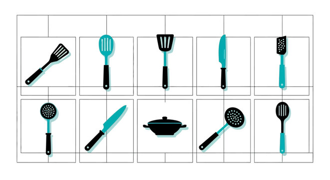 Kitchen Utensils Collection: Spatulas, Knives, and Pot on Shelves