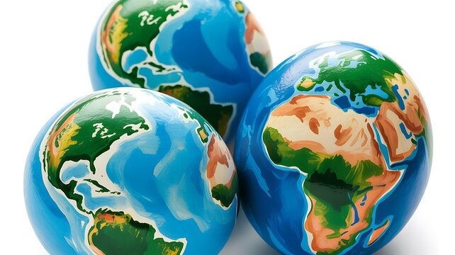 Painted eggs shaped like globes showing continents and oceans on white